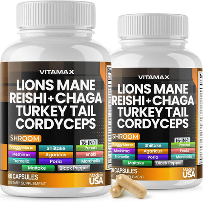 Amazon.com: Vitamax Seta de melena de león, cola de pavo, Chaga y Reishi, Cordyceps Shiitake White Elm King Trompeta Nameko Oyster Porcini Focus & Energy - Fabricado en Estados Unidos : Salud y Hogar