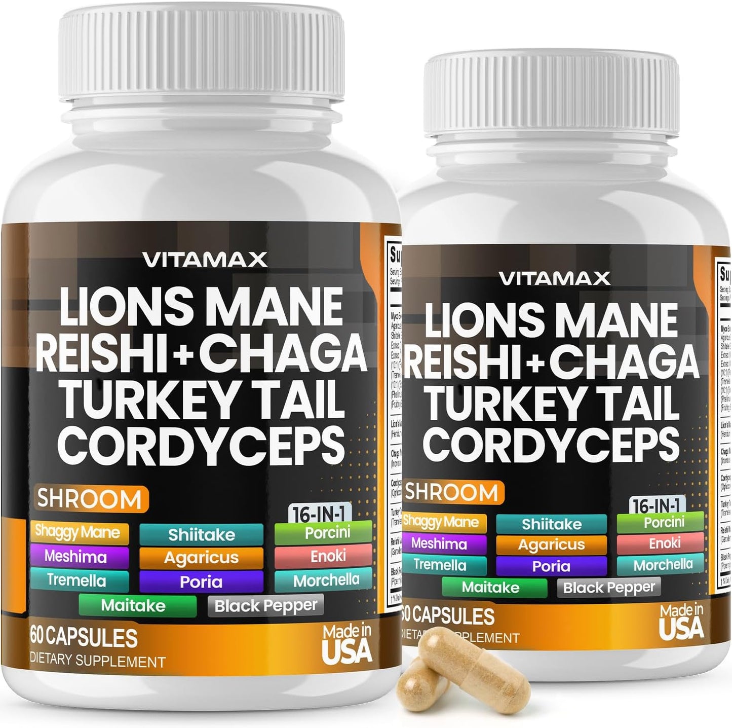 Amazon.com: Vitamax Seta de melena de león, cola de pavo, Chaga y Reishi, Cordyceps Shiitake White Elm King Trompeta Nameko Oyster Porcini Focus & Energy - Fabricado en Estados Unidos : Salud y Hogar
