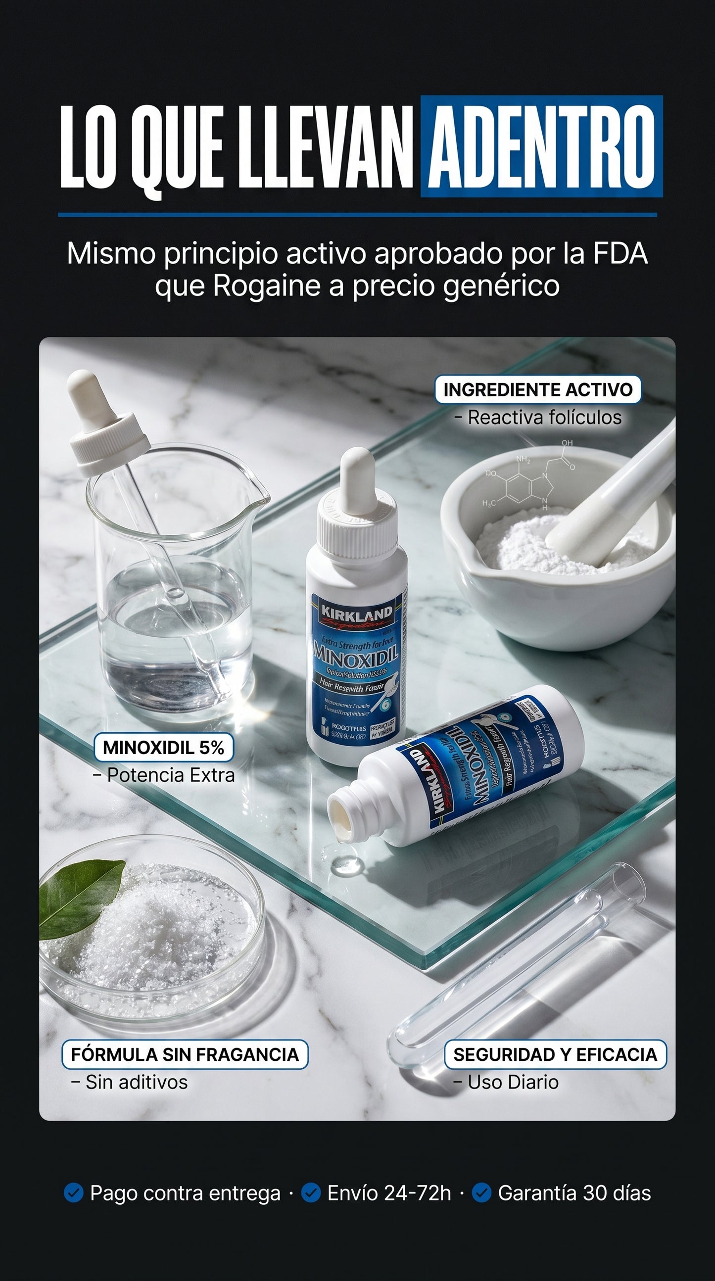 Amazon.com: Kirkland Minoxidil 5% Fuerza Extra Recrecimiento del Cabello para Hombres (Suministro para 12 Meses) : Belleza y Cuidado Personal — materials-ingredients